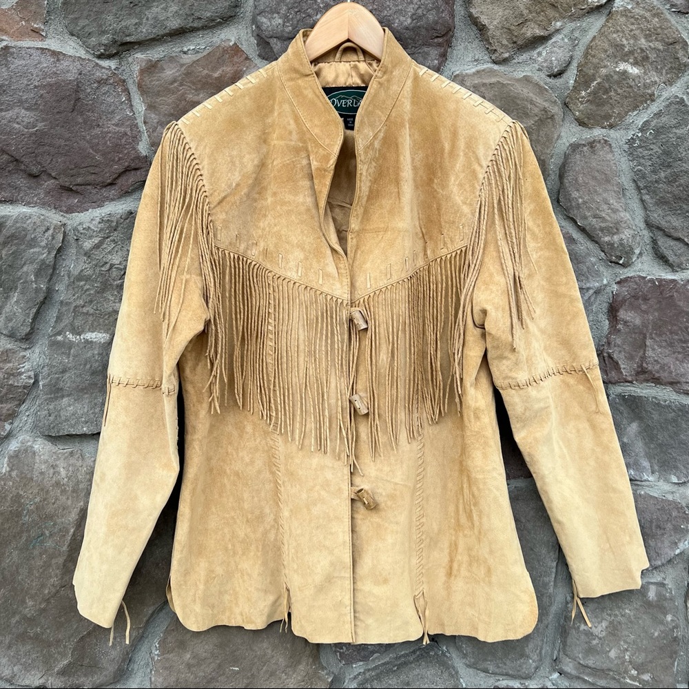 Overland Leather Womens Wooden Toggle Closure Suede Fringe Jacket
